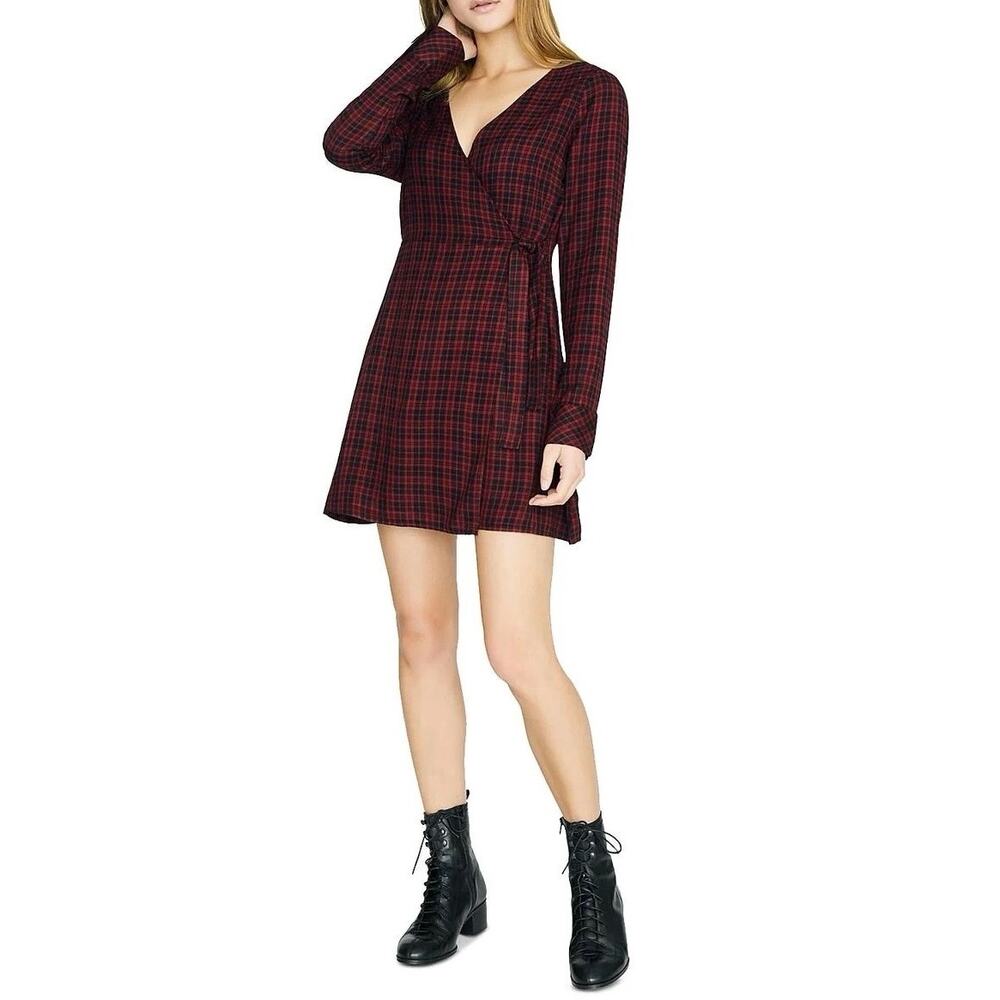 NWT Sanctuary Anthropologie Red Black Plaid Wrap Long Sleeve Dress Sz 10 - Picture 3 of 16